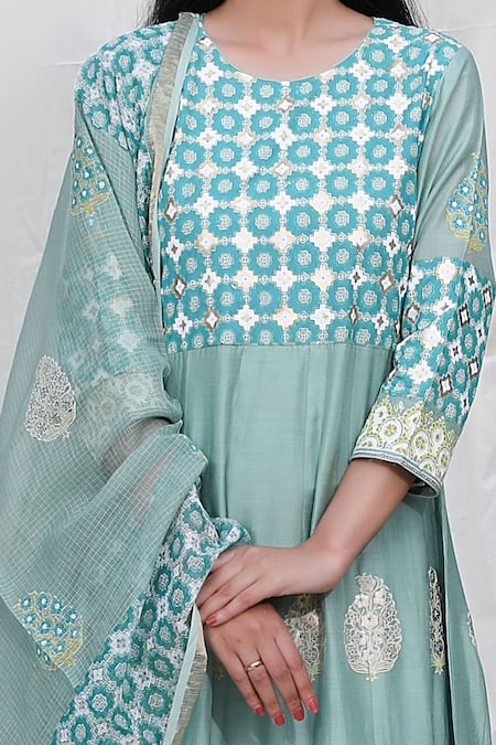 Shop_Abbaran_Green Cotton Silk Dupatta Handloom Kota Round Foil Block Print Anarkali Set _Online_at_Aza_Fashions