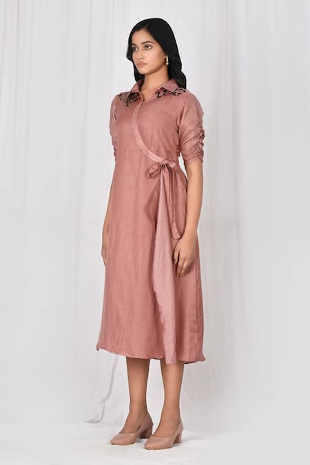 Buy_Naintara Bajaj_Pink Silk Blend Embroidered Tie Up Dress_Online_at_Aza_Fashions