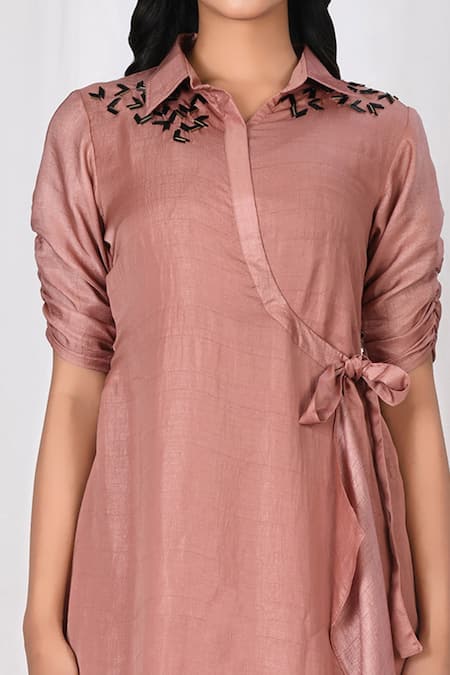 Naintara Bajaj_Pink Silk Blend Embroidered Tie Up Dress_at_Aza_Fashions