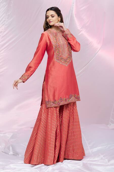 Petticoat Lane By Divya Red Chanderi, Brocade Floral Motifs Round Embroidered Kurta Sharara Set Online at Aza Fashions Petticoat Lane By Divya_Red Chanderi, Brocade Floral Motifs Round Embroidered Kurta Sharara Set _Online_at_Aza_Fashions