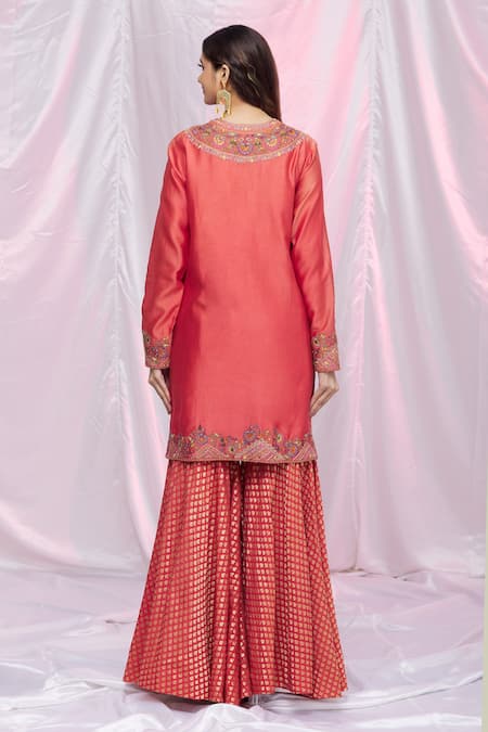 Shop Petticoat Lane By Divya Red Chanderi, Brocade Floral Motifs Round Embroidered Kurta Sharara Set at Aza Fashions Shop_Petticoat Lane By Divya_Red Chanderi, Brocade Floral Motifs Round Embroidered Kurta Sharara Set _at_Aza_Fashions