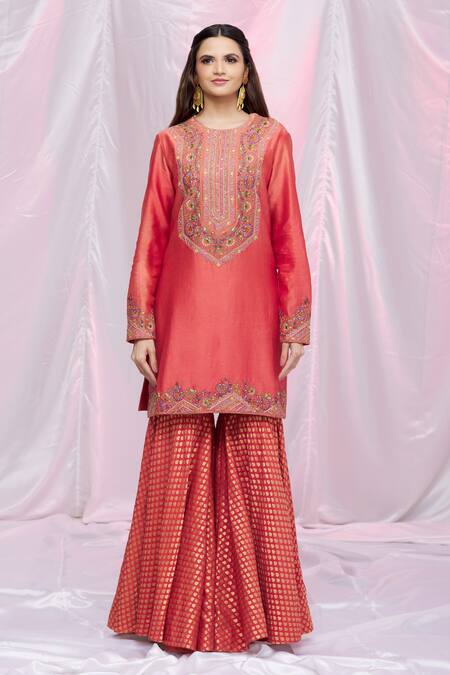 Buy Petticoat Lane By Divya Red Chanderi, Brocade Floral Motifs Round Embroidered Kurta Sharara Set Online at Aza Fashions Buy_Petticoat Lane By Divya_Red Chanderi, Brocade Floral Motifs Round Embroidered Kurta Sharara Set _Online_at_Aza_Fashions
