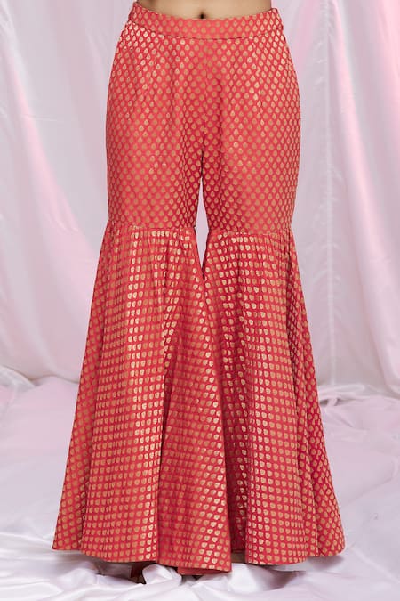 Shop Petticoat Lane By Divya Red Chanderi, Brocade Floral Motifs Round Embroidered Kurta Sharara Set Online at Aza Fashions Shop_Petticoat Lane By Divya_Red Chanderi, Brocade Floral Motifs Round Embroidered Kurta Sharara Set _Online_at_Aza_Fashions