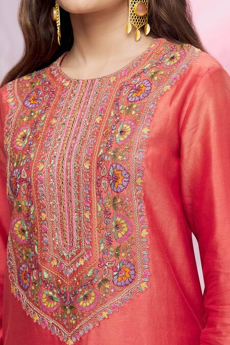 Petticoat Lane By Divya Red Chanderi, Brocade Floral Motifs Round Embroidered Kurta Sharara Set at Aza Fashions Petticoat Lane By Divya_Red Chanderi, Brocade Floral Motifs Round Embroidered Kurta Sharara Set _at_Aza_Fashions