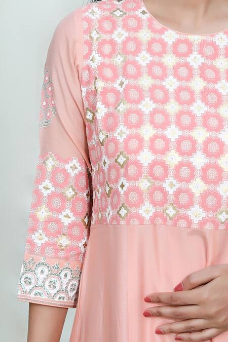 Shop Abbaran Peach Cotton Silk Dupatta Handloom Kota Round Foil Block Print Anarkali Set Online at Aza Fashions Shop_Abbaran_Peach Cotton Silk Dupatta Handloom Kota Round Foil Block Print Anarkali Set _Online_at_Aza_Fashions