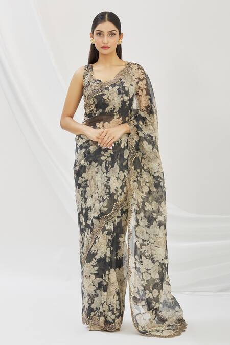 Buy_Astha Narang_Grey Floral Print, Sequin And Bugle Beads V Neck Saree With Blouse _Online_at_Aza_Fashions
