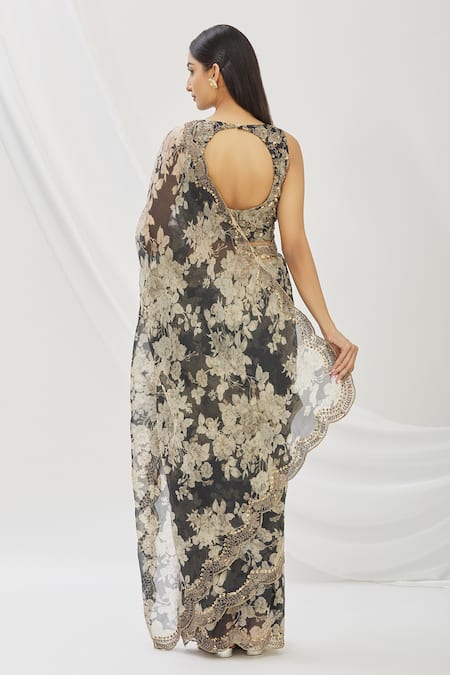 Shop_Astha Narang_Grey Floral Print, Sequin And Bugle Beads V Neck Saree With Blouse _at_Aza_Fashions