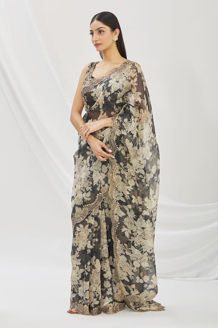 Astha Narang_Grey Floral Print, Sequin And Bugle Beads V Neck Saree With Blouse _Online_at_Aza_Fashions