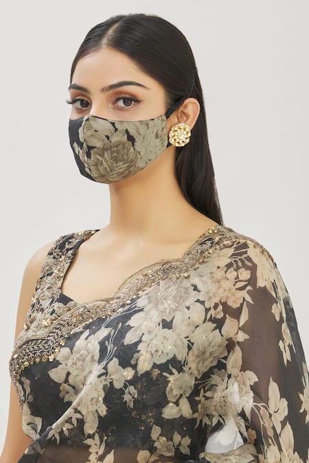 Astha Narang_Grey Floral Print, Sequin And Bugle Beads V Neck Saree With Blouse _at_Aza_Fashions