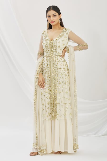 Astha Narang_White V Neck Embroidered Kurta Palazzo Set _Online_at_Aza_Fashions