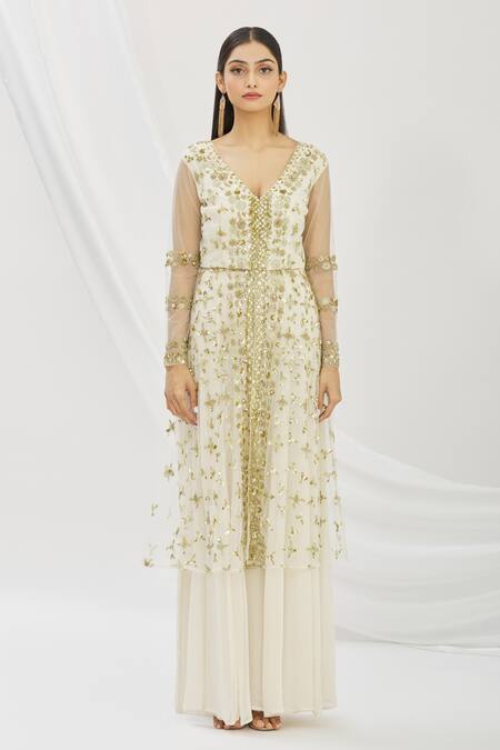 Buy_Astha Narang_White V Neck Embroidered Kurta Palazzo Set _Online_at_Aza_Fashions