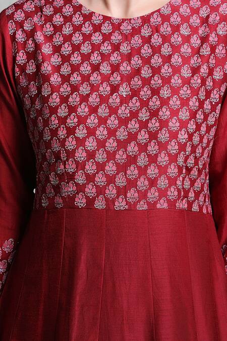 Shop_Abbaran_Red Cotton Silk Dupatta Handloom Chanderi Round Foil Block Print Anarkali Set _Online_at_Aza_Fashions