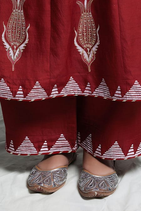 Abbaran_Red Cotton Silk Dupatta Handloom Chanderi Round Foil Block Print Anarkali Set _at_Aza_Fashions