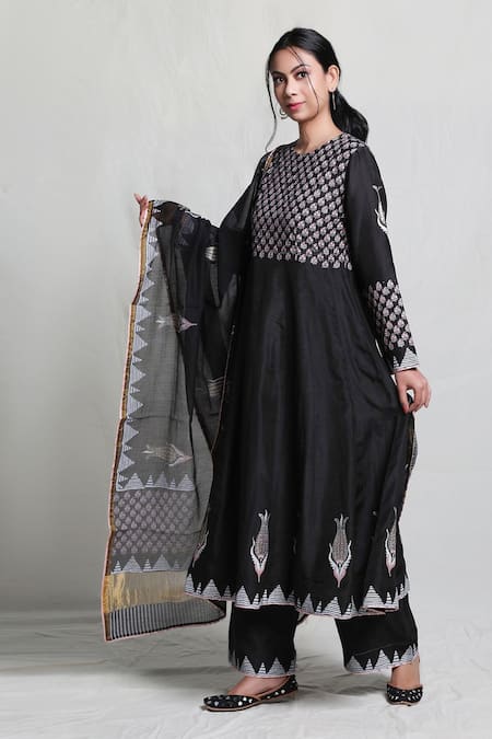 Buy_Abbaran_Black Cotton Silk Dupatta Handloom Chanderi Foil Block Print Anarkali Set _Online_at_Aza_Fashions