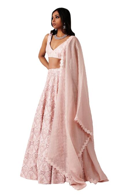 Amaare_Pink Taffeta Embroidery V Neck Embellished Bridal Lehenga Set_Online_at_Aza_Fashions