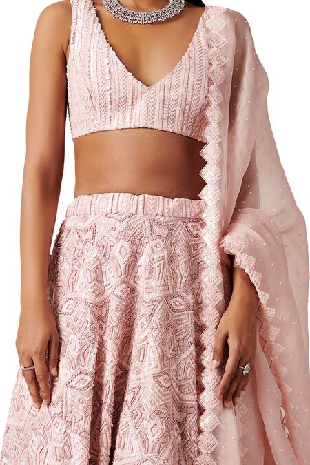 Buy_Amaare_Pink Taffeta Embroidery V Neck Embellished Bridal Lehenga Set_Online_at_Aza_Fashions