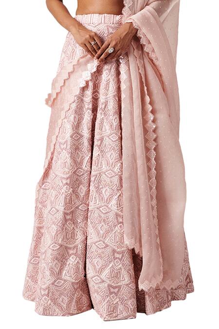 Shop_Amaare_Pink Taffeta Embroidery V Neck Embellished Bridal Lehenga Set_Online_at_Aza_Fashions