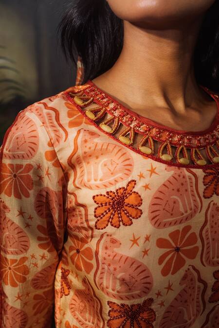 Suave Orange Denim Fringe, Beads Round Neck Wilderness Kurta And Pant Set Online at Aza Fashions Suave_Orange Denim Fringe, Beads Round Neck Wilderness Kurta And Pant Set_Online_at_Aza_Fashions