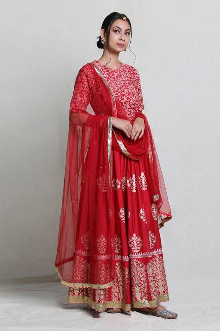 Abbaran_Red Cotton Silk Dupatta Net Round Foil Block Print Bridal Lehenga Set _Online_at_Aza_Fashions