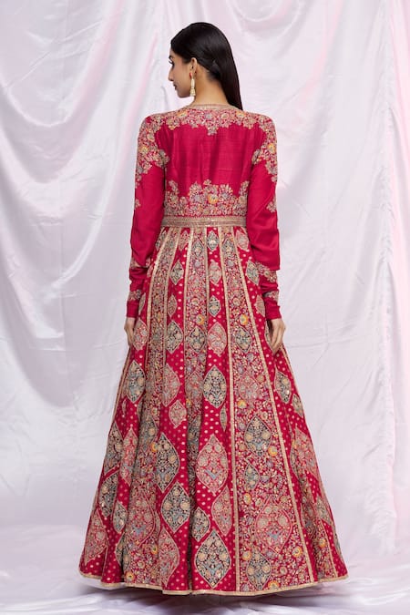 Shop Petticoat Lane By Divya Red Raw Silk, Organza, Chanderi Floral, Sequin Embroidered Anarkali With Dupatta at Aza Fashions Shop_Petticoat Lane By Divya_Red Raw Silk, Organza, Chanderi Floral, Sequin Embroidered Anarkali With Dupatta _at_Aza_Fashions