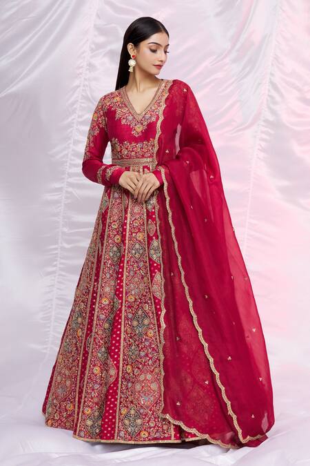 Buy Petticoat Lane By Divya Red Raw Silk, Organza, Chanderi Floral, Sequin Embroidered Anarkali With Dupatta Online at Aza Fashions Buy_Petticoat Lane By Divya_Red Raw Silk, Organza, Chanderi Floral, Sequin Embroidered Anarkali With Dupatta _Online_at_Aza_Fashions