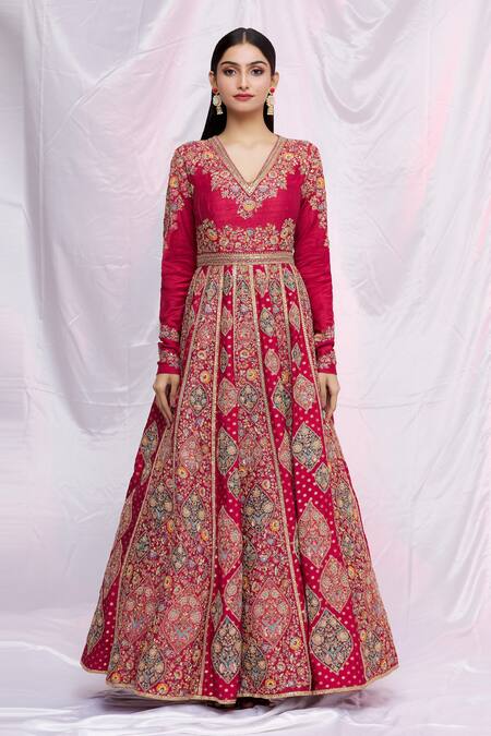 Shop Petticoat Lane By Divya Red Raw Silk, Organza, Chanderi Floral, Sequin Embroidered Anarkali With Dupatta Online at Aza Fashions Shop_Petticoat Lane By Divya_Red Raw Silk, Organza, Chanderi Floral, Sequin Embroidered Anarkali With Dupatta _Online_at_Aza_Fashions