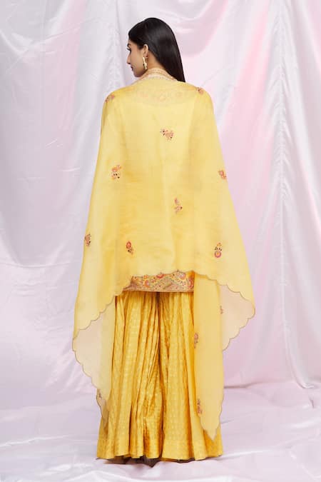 Shop Petticoat Lane By Divya Yellow Organza, Chanderi, Brocade Floral Motifs Cape Open, Sharara Set With at Aza Fashions Shop_Petticoat Lane By Divya_Yellow Organza, Chanderi, Brocade Floral Motifs Cape Open, Sharara Set With _at_Aza_Fashions