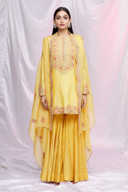 Petticoat Lane By Divya Yellow Organza, Chanderi, Brocade Floral Motifs Cape Open, Sharara Set With Online at Aza Fashions Petticoat Lane By Divya_Yellow Organza, Chanderi, Brocade Floral Motifs Cape Open, Sharara Set With _Online_at_Aza_Fashions