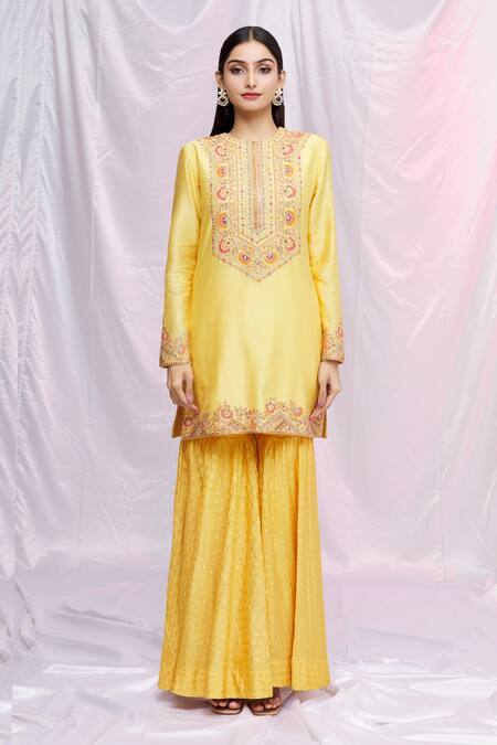 Buy Petticoat Lane By Divya Yellow Organza, Chanderi, Brocade Floral Motifs Cape Open, Sharara Set With Online at Aza Fashions Buy_Petticoat Lane By Divya_Yellow Organza, Chanderi, Brocade Floral Motifs Cape Open, Sharara Set With _Online_at_Aza_Fashions