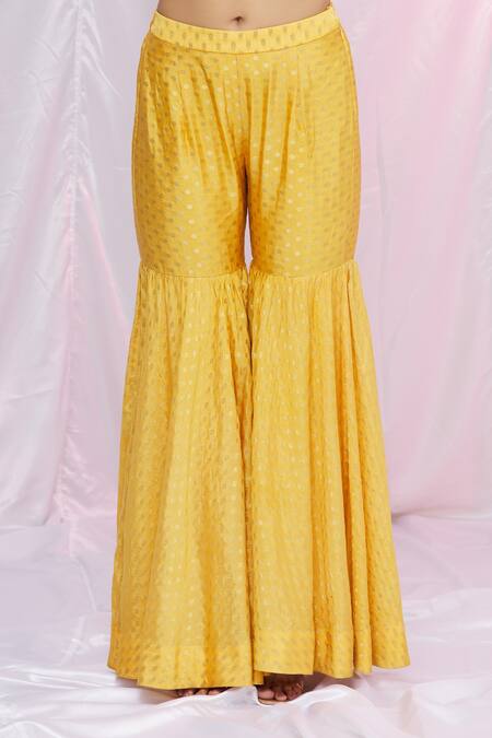 Shop Petticoat Lane By Divya Yellow Organza, Chanderi, Brocade Floral Motifs Cape Open, Sharara Set With Online at Aza Fashions Shop_Petticoat Lane By Divya_Yellow Organza, Chanderi, Brocade Floral Motifs Cape Open, Sharara Set With _Online_at_Aza_Fashions