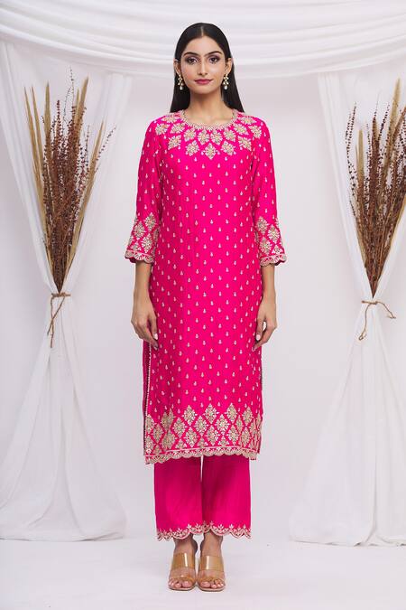 Buy_Surbhi Shah_Red Spun Silk Floral Motifs Scallop Neck Embroidered Kurta Set _Online_at_Aza_Fashions