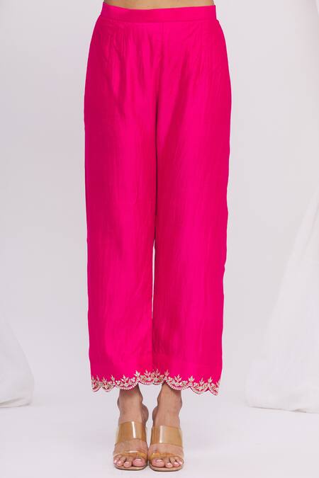 Shop_Surbhi Shah_Red Spun Silk Floral Motifs Scallop Neck Embroidered Kurta Set _Online_at_Aza_Fashions