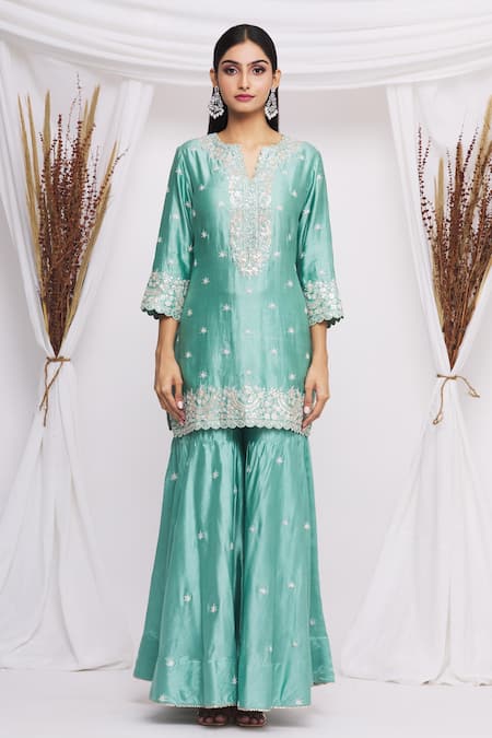 Buy Surbhi Shah Green Spun Silk Floral Motifs Scallop Neck Embroidered Kurta Sharara Set Online at Aza Fashions Buy_Surbhi Shah_Green Spun Silk Floral Motifs Scallop Neck Embroidered Kurta Sharara Set _Online_at_Aza_Fashions