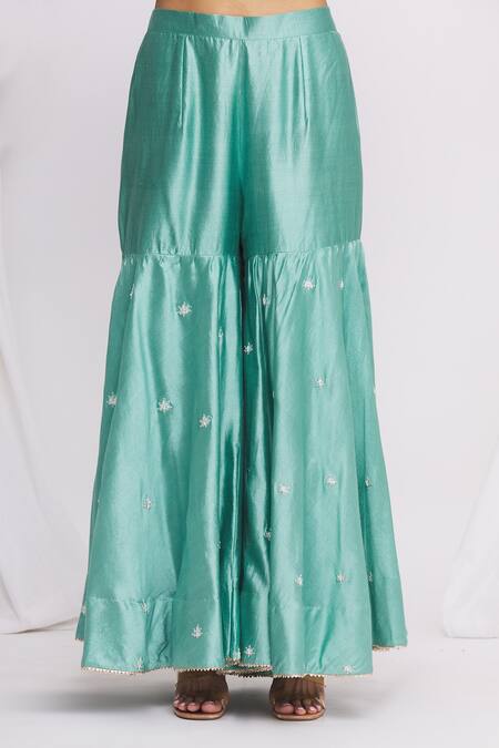 Shop Surbhi Shah Green Spun Silk Floral Motifs Scallop Neck Embroidered Kurta Sharara Set Online at Aza Fashions Shop_Surbhi Shah_Green Spun Silk Floral Motifs Scallop Neck Embroidered Kurta Sharara Set _Online_at_Aza_Fashions