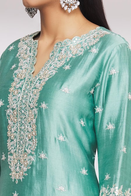 Surbhi Shah Green Spun Silk Floral Motifs Scallop Neck Embroidered Kurta Sharara Set at Aza Fashions Surbhi Shah_Green Spun Silk Floral Motifs Scallop Neck Embroidered Kurta Sharara Set _at_Aza_Fashions