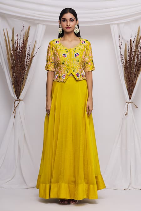 Shop_Surbhi Shah_Yellow Organza Floral Motifs Round Embroidered Blouse With Lehenga Set _Online_at_Aza_Fashions