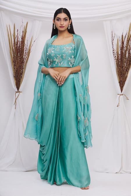 Surbhi Shah_Blue Satin Organza Floral Motifs Blouse Round, Embroidered With Lehenga Set_Online_at_Aza_Fashions