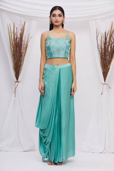 Buy_Surbhi Shah_Blue Satin Organza Floral Motifs Blouse Round, Embroidered With Lehenga Set_Online_at_Aza_Fashions