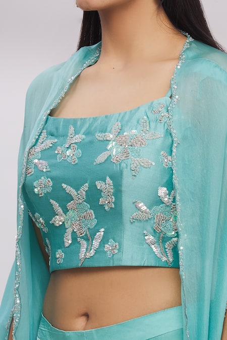 Surbhi Shah_Blue Satin Organza Floral Motifs Blouse Round, Embroidered With Lehenga Set_at_Aza_Fashions