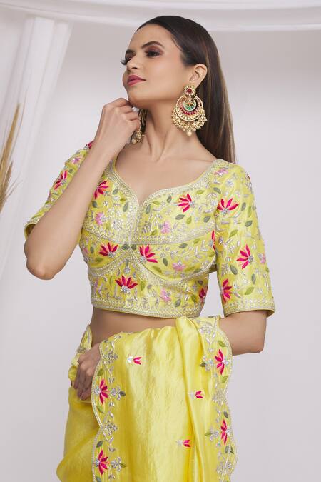 Shop_Surbhi Shah_Yellow Cora Silk Floral Motifs Leaf Neck Embroidered Saree With Blouse _Online_at_Aza_Fashions