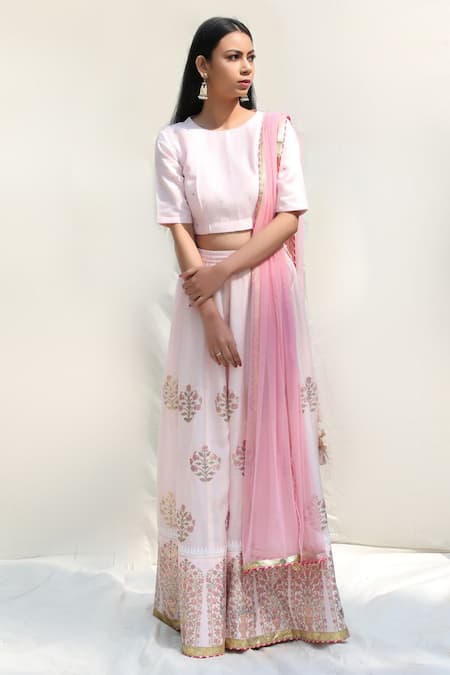 Shop_Abbaran_Pink Cotton Silk Dupatta Net Round Foil Block Print Bridal Lehenga Set _at_Aza_Fashions