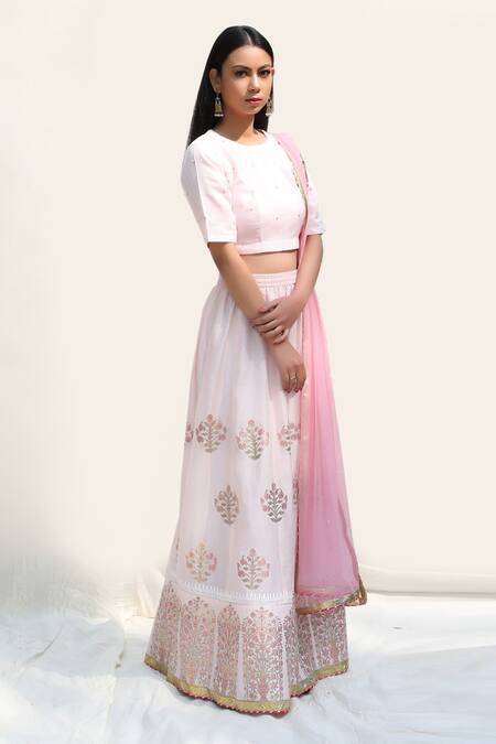 Abbaran_Pink Cotton Silk Dupatta Net Round Foil Block Print Bridal Lehenga Set _Online_at_Aza_Fashions