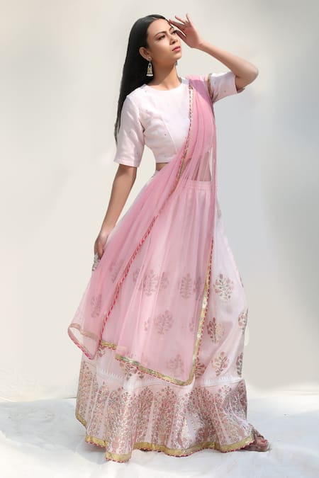 Buy_Abbaran_Pink Cotton Silk Dupatta Net Round Foil Block Print Bridal Lehenga Set _Online_at_Aza_Fashions