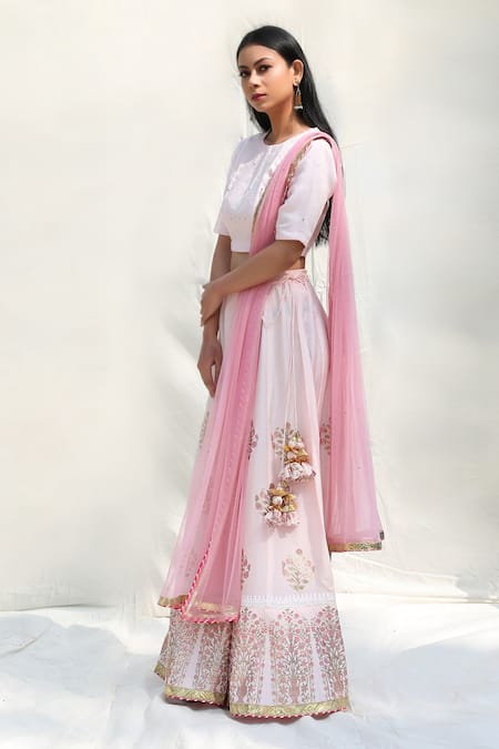 Shop_Abbaran_Pink Cotton Silk Dupatta Net Round Foil Block Print Bridal Lehenga Set _Online_at_Aza_Fashions