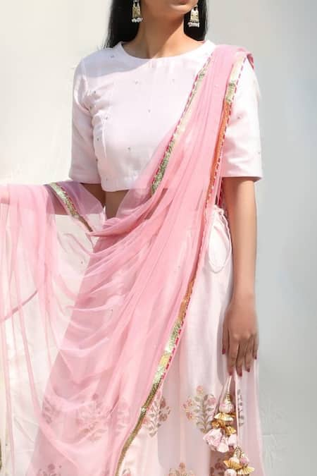 Abbaran_Pink Cotton Silk Dupatta Net Round Foil Block Print Bridal Lehenga Set _at_Aza_Fashions