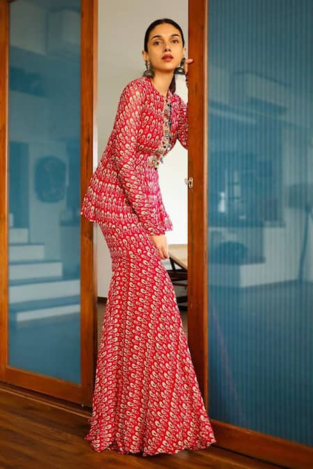 Ridhi Mehra Pink Chiffon Round Printed Kurta Sharara Set  