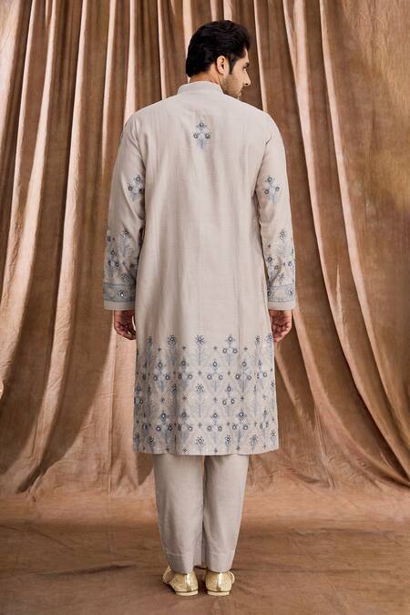 Shop Rar Studio Blue Handloom Chanderi Aari , Patra Kurta And Pant Set at Aza Fashions Shop_Rar Studio_Blue Handloom Chanderi Aari , Patra Kurta And Pant Set_at_Aza_Fashions