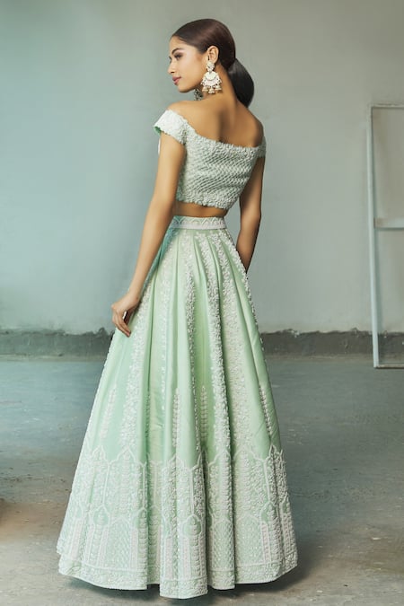 Shop_Riantas_Green Embroidered Floral One Shoulder Off Lehenga Set  _at_Aza_Fashions