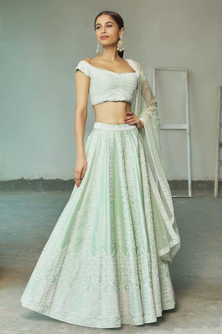 Buy_Riantas_Green Embroidered Floral One Shoulder Off Lehenga Set  _Online_at_Aza_Fashions