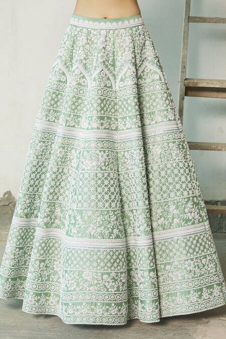 Riantas_Green Embroidered Floral V Neck Bridal Lehenga Set  _at_Aza_Fashions